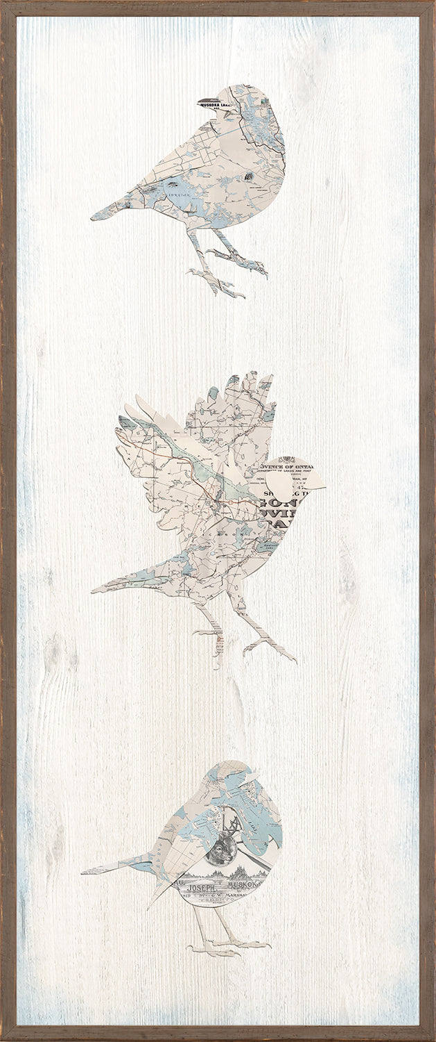 Vintage Map – Bird Panel I featuring three birds made from map fragments on a white wood background.