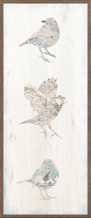 Vintage Map – Bird Panel I featuring three birds made from map fragments on a white wood background.