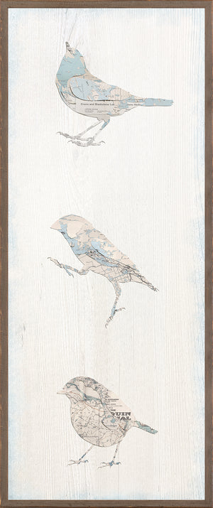 Vintage Map – Bird Panel II featuring three birds made from map patterns on a white wood background.
