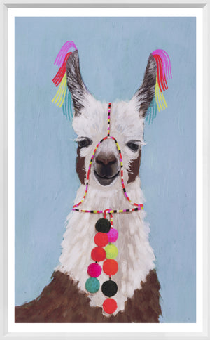 Adorned Llama I wall art featuring a llama with colorful decorations on a light blue background