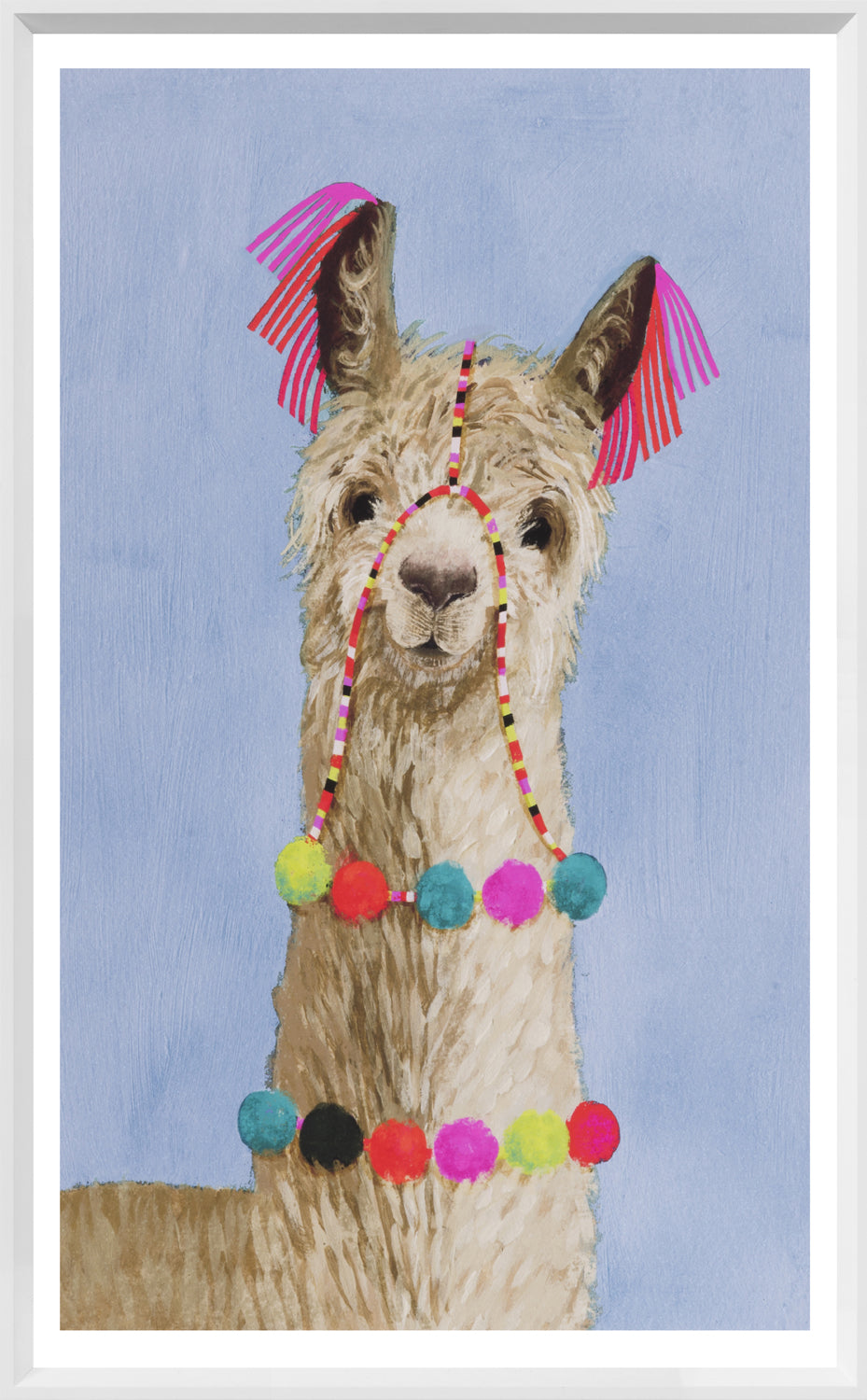 Adorned Llama III wall art featuring a llama with colorful pom-poms and ribbons on a blue background