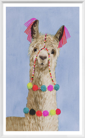 Adorned Llama III wall art featuring a llama with colorful pom-poms and ribbons on a blue background