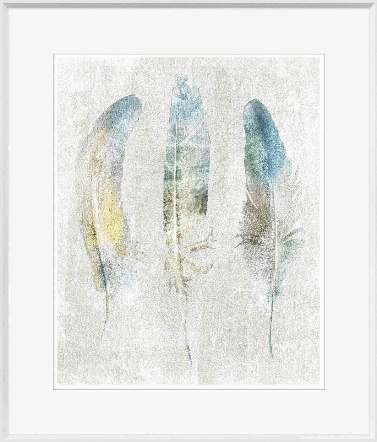 Aqua Feathers on Linen I wall art featuring three watercolor feathers in soft blue and yellow tones.