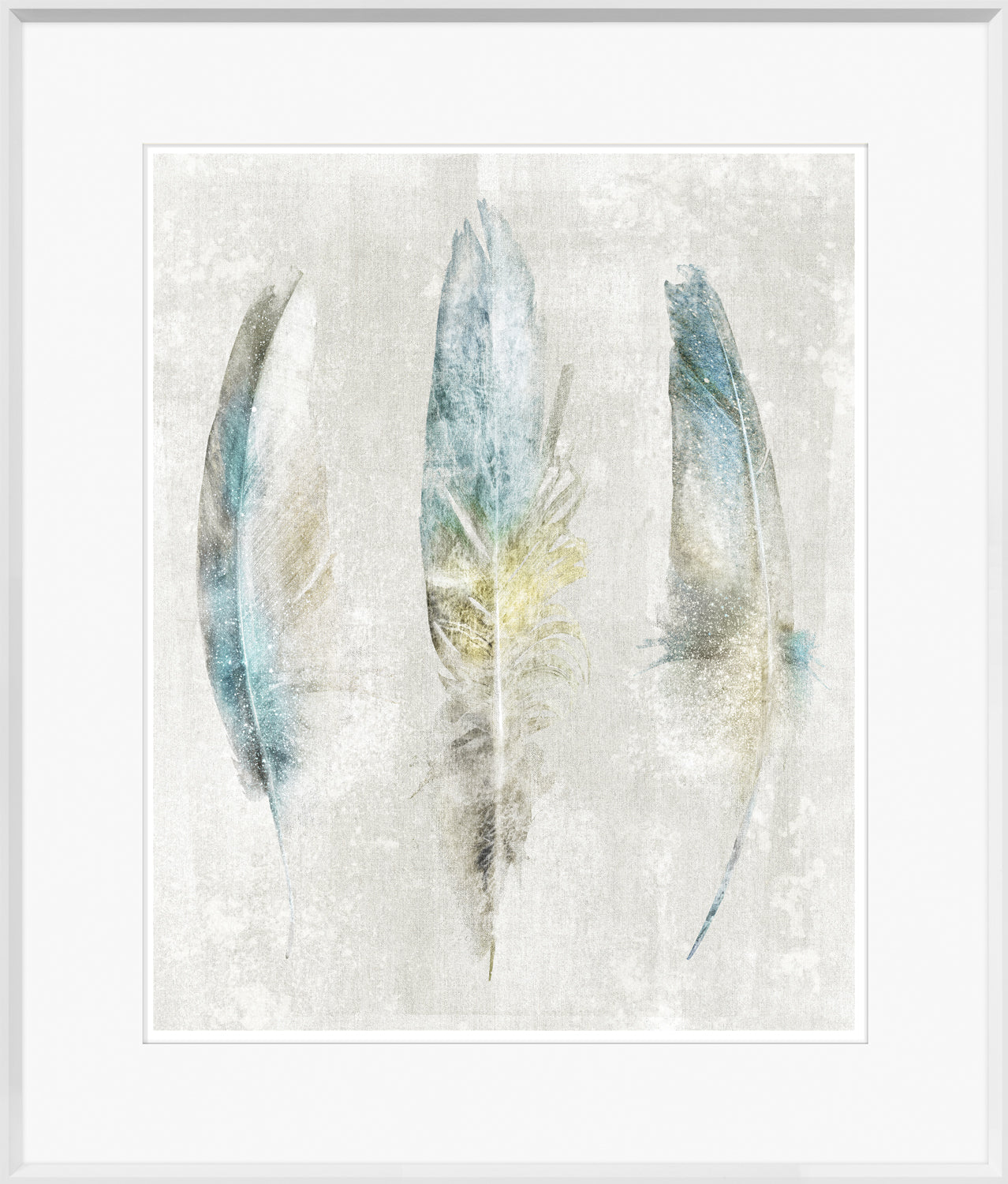 Aqua Feathers on Linen II wall art featuring three colorful feathers on a textured light background.