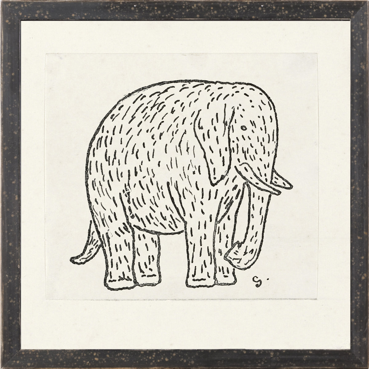Collection 12 – Gestel, Elephant wall art featuring a stylized elephant illustration in black ink.