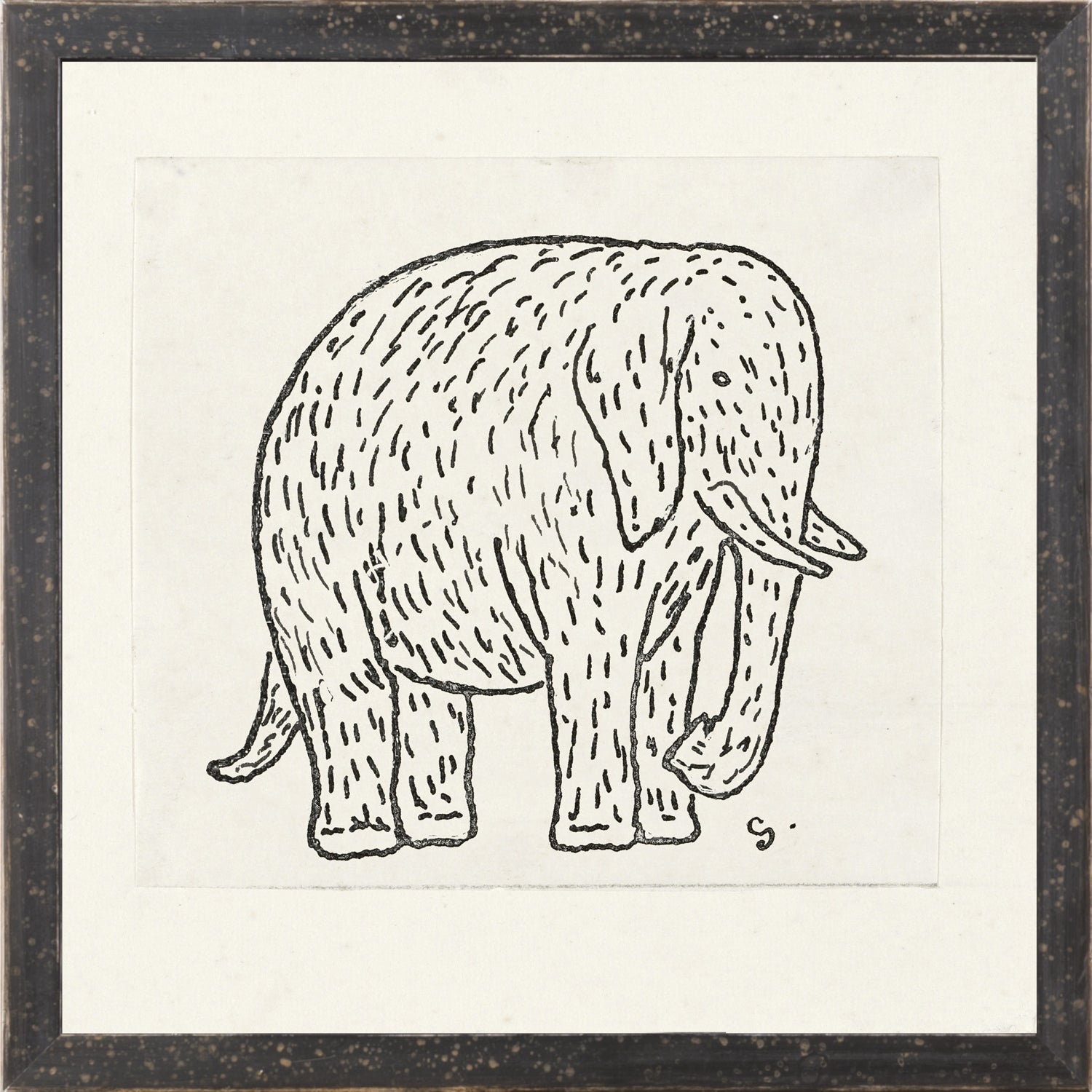 Collection 12 – Gestel, Elephant wall art featuring a stylized elephant illustration in black ink.