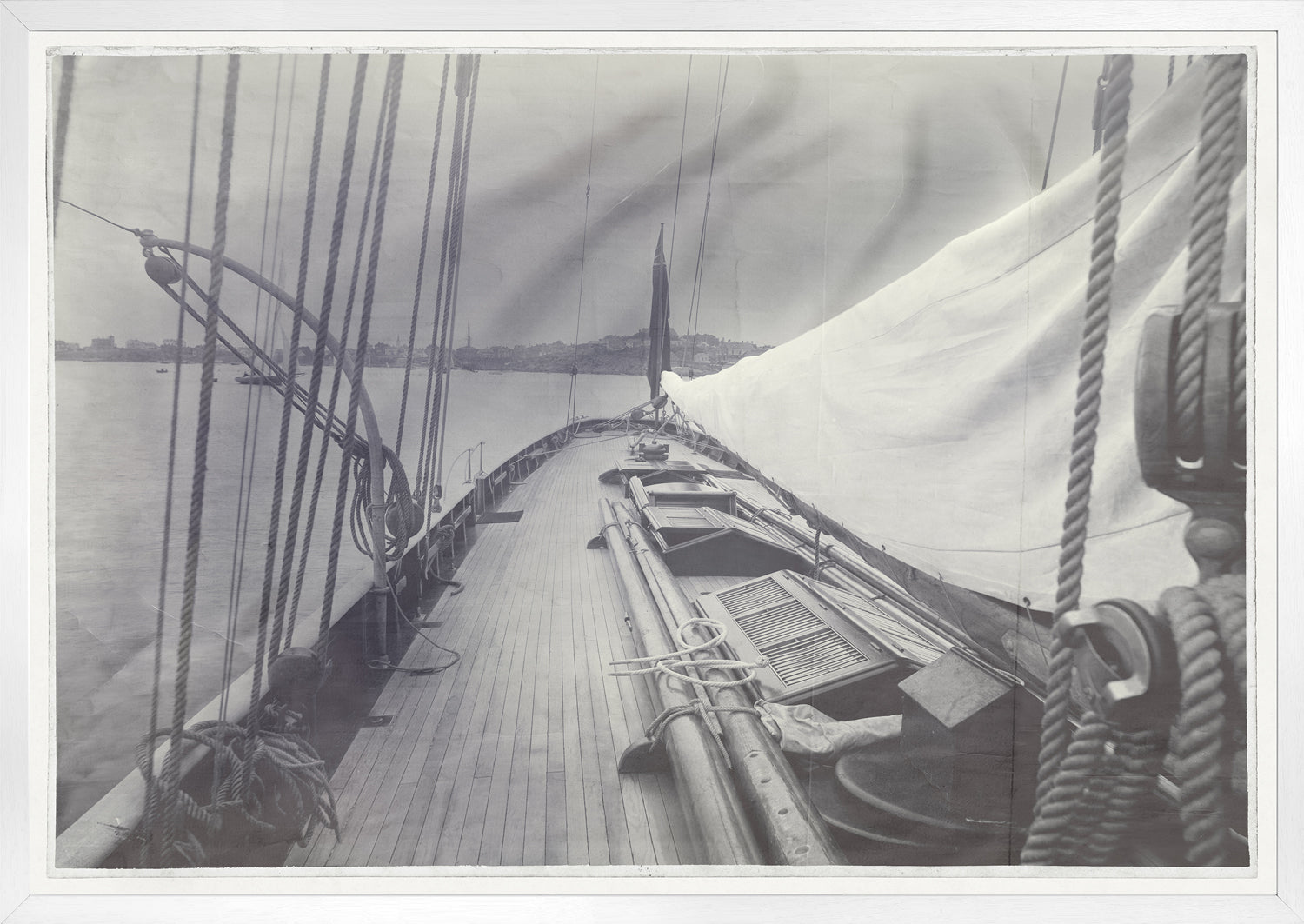 Deck Of Mayflower wall art depicting a close-up view of a ship's deck with ropes and sails.