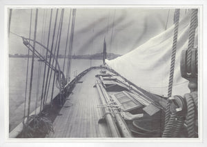 Deck Of Mayflower wall art depicting a close-up view of a ship's deck with ropes and sails.