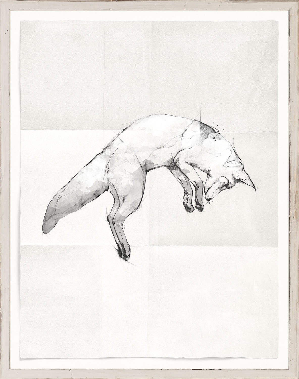 Sketch – Pouncing Fox wall art featuring a watercolor fox in mid-leap against a light background.