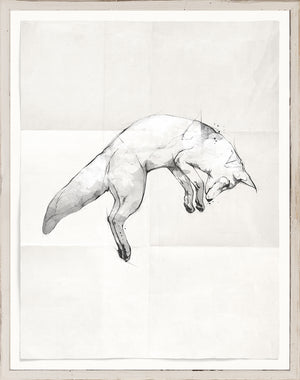 Sketch – Pouncing Fox wall art featuring a watercolor fox in mid-leap against a light background.