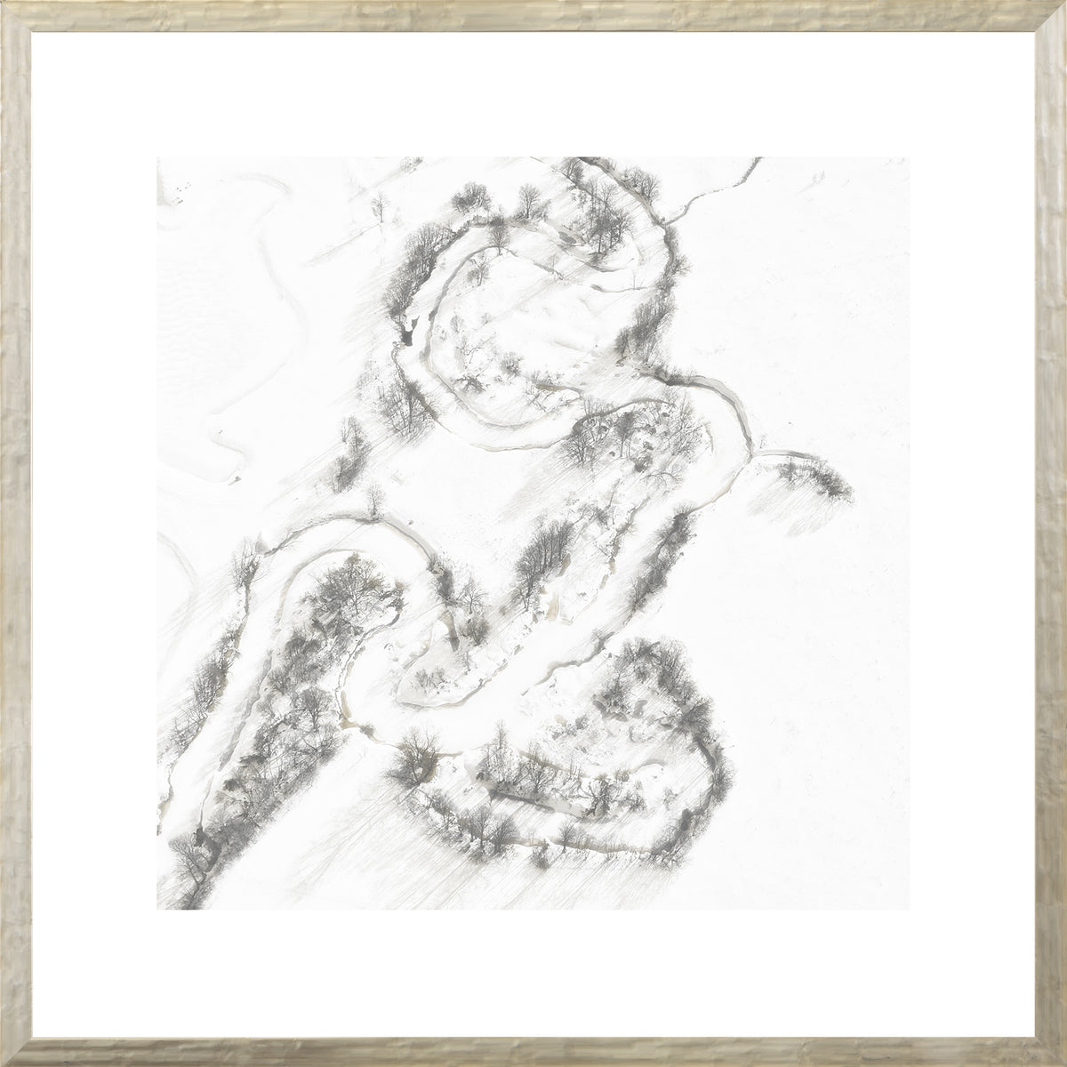 Aerial – Rural View IV wall art featuring a monochromatic landscape with winding paths and trees.