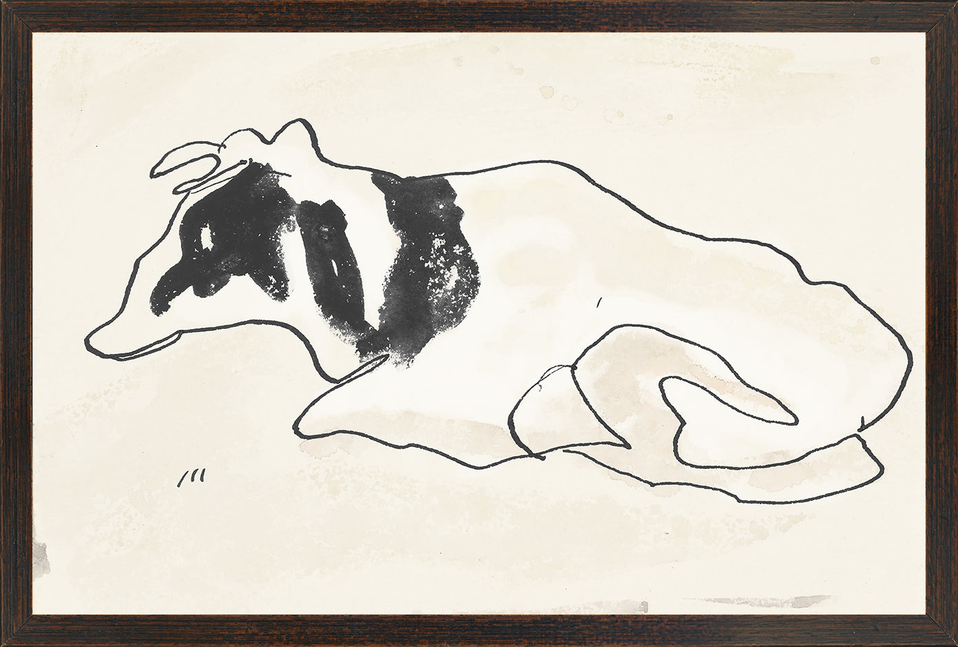 Collection 17 – Cachet – Cow wall art featuring a black and white cow illustration on beige background.