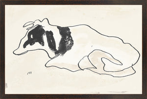 Collection 17 – Cachet – Cow wall art featuring a black and white cow illustration on beige background.