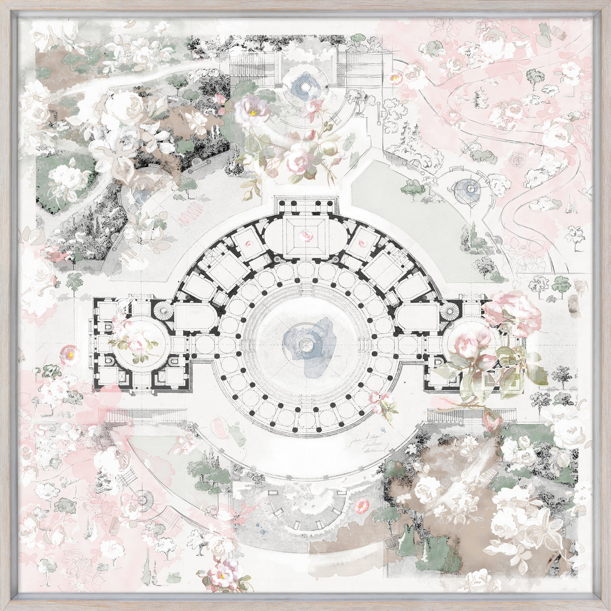 Roman Villa Rose wall art featuring a floral and architectural design in soft pink and gray tones.