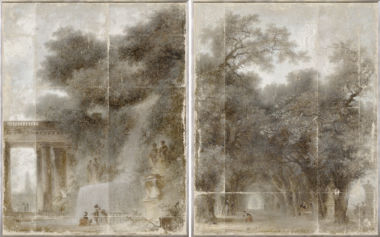 Grand Tour Intaglio – Fragonard – A Shaded Avenue wall art showcasing two panels of a shaded avenue with classical figures and trees.