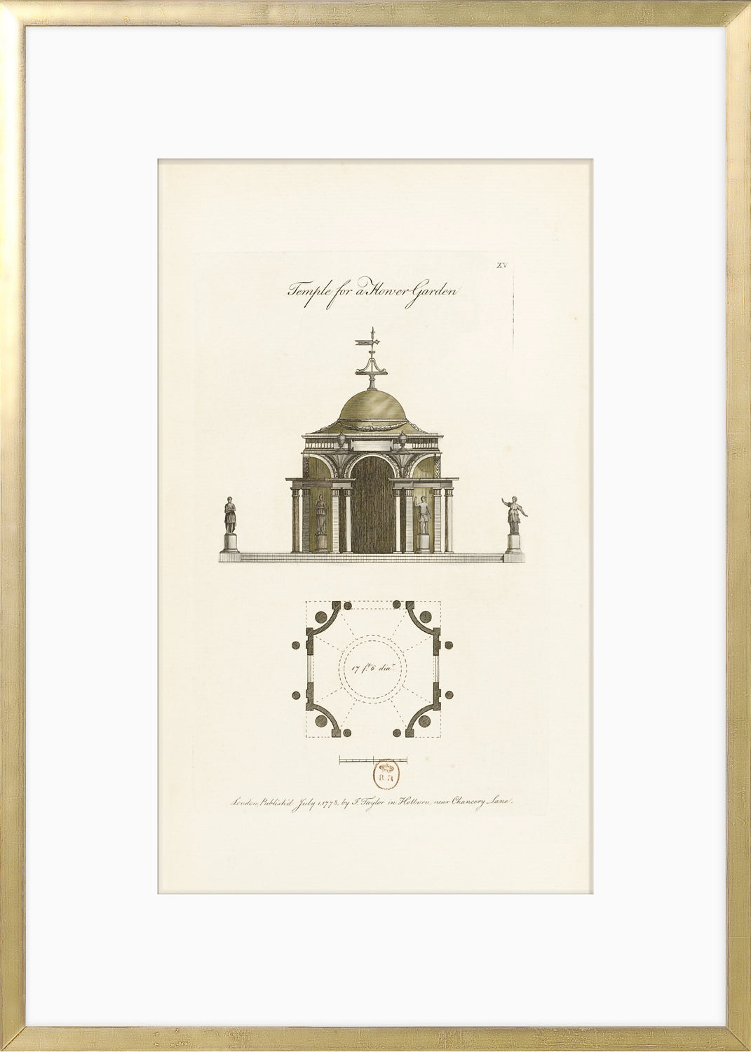 Engraving – Flower Garden, 1778 by Celadon, featuring a temple design with detailed architecture.