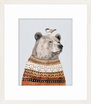 Fair Isle Bear I wall art featuring a bear with a bird on its head, intricate patterned sweater, soft colors.