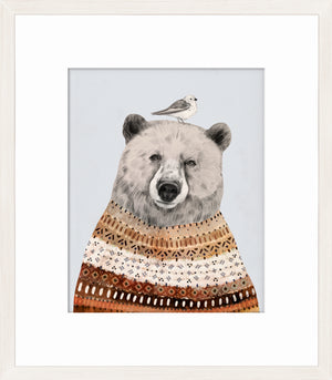 Fair Isle Bear II wall art featuring a bear with a bird on its head, adorned in patterned colors.