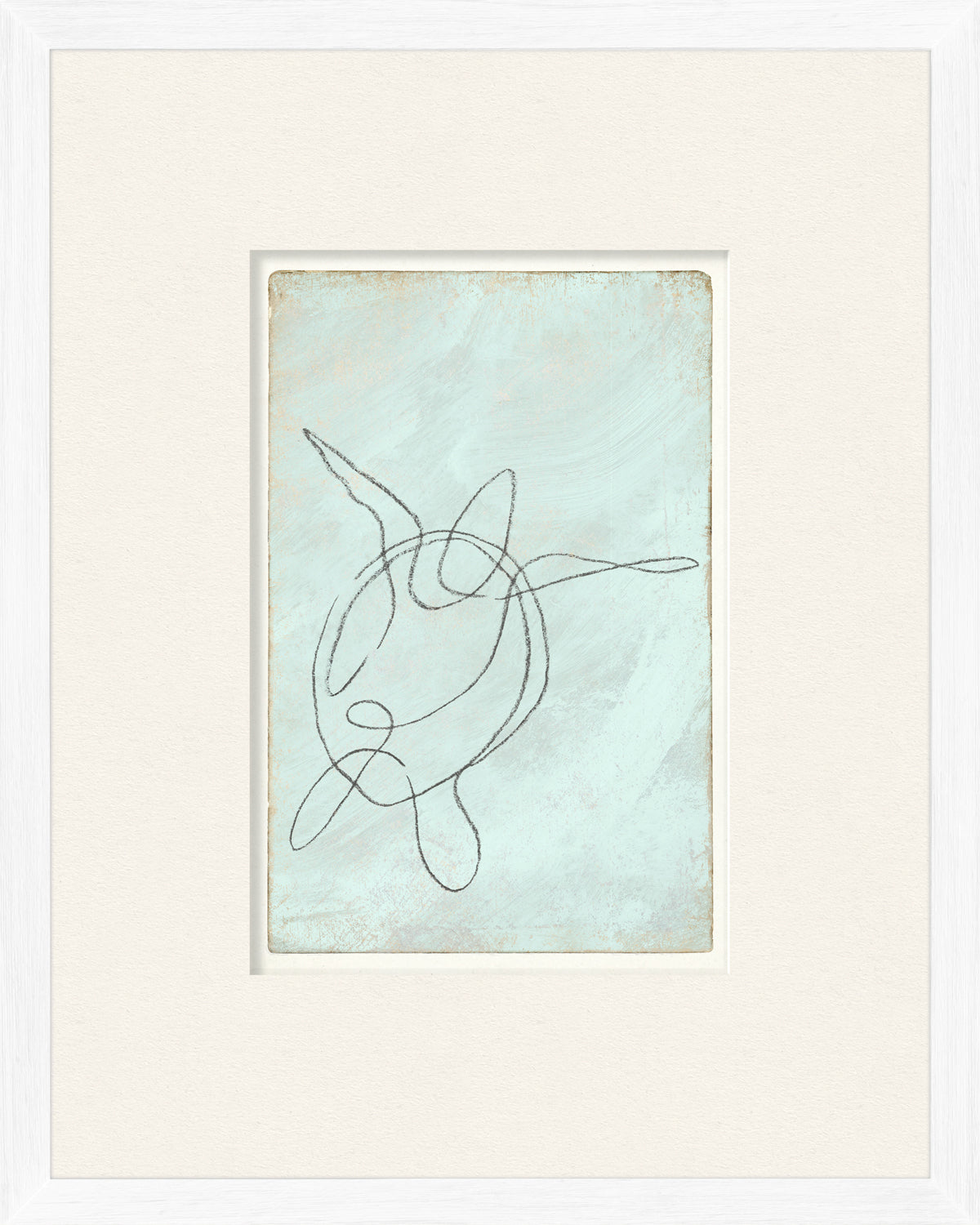 Aqua One Line – Turtle wall art featuring a minimalist turtle sketch on a soft blue background.