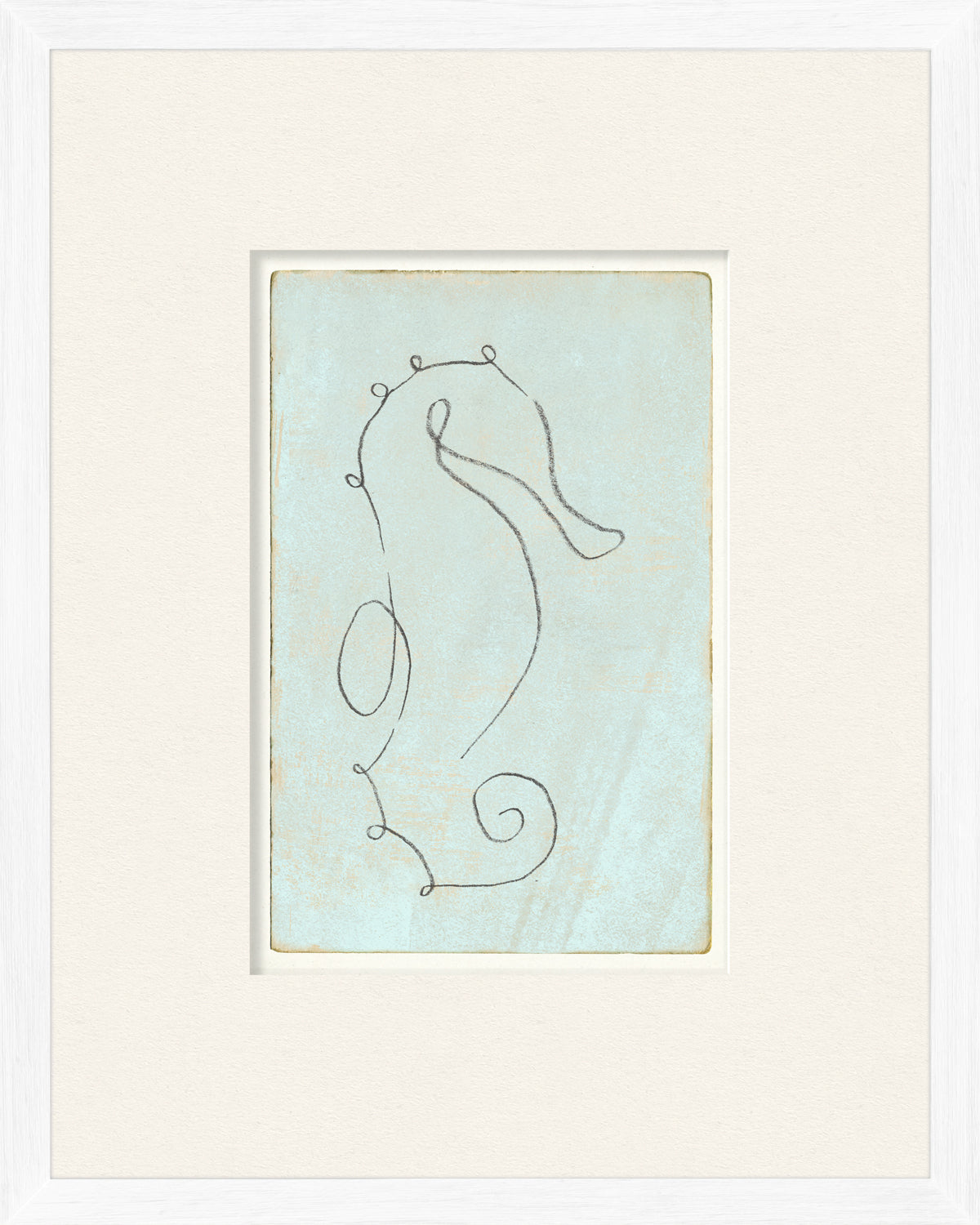 Aqua One Line – Seahorse wall art featuring a minimalist seahorse sketch on a light blue background.