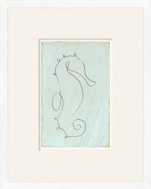 Aqua One Line – Seahorse wall art featuring a minimalist seahorse sketch on a light blue background.