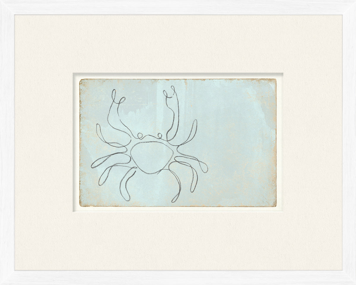 Aqua One Line – Crab wall art featuring a simple crab outline on a soft blue background.