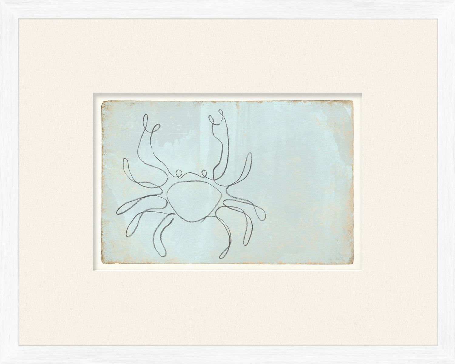 Aqua One Line – Crab wall art featuring a simple crab outline on a soft blue background.