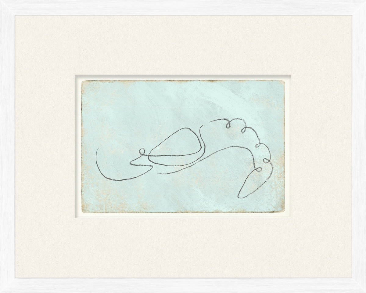 Aqua One Line – Shrimp wall art featuring a minimalist shrimp outline on a light blue background.