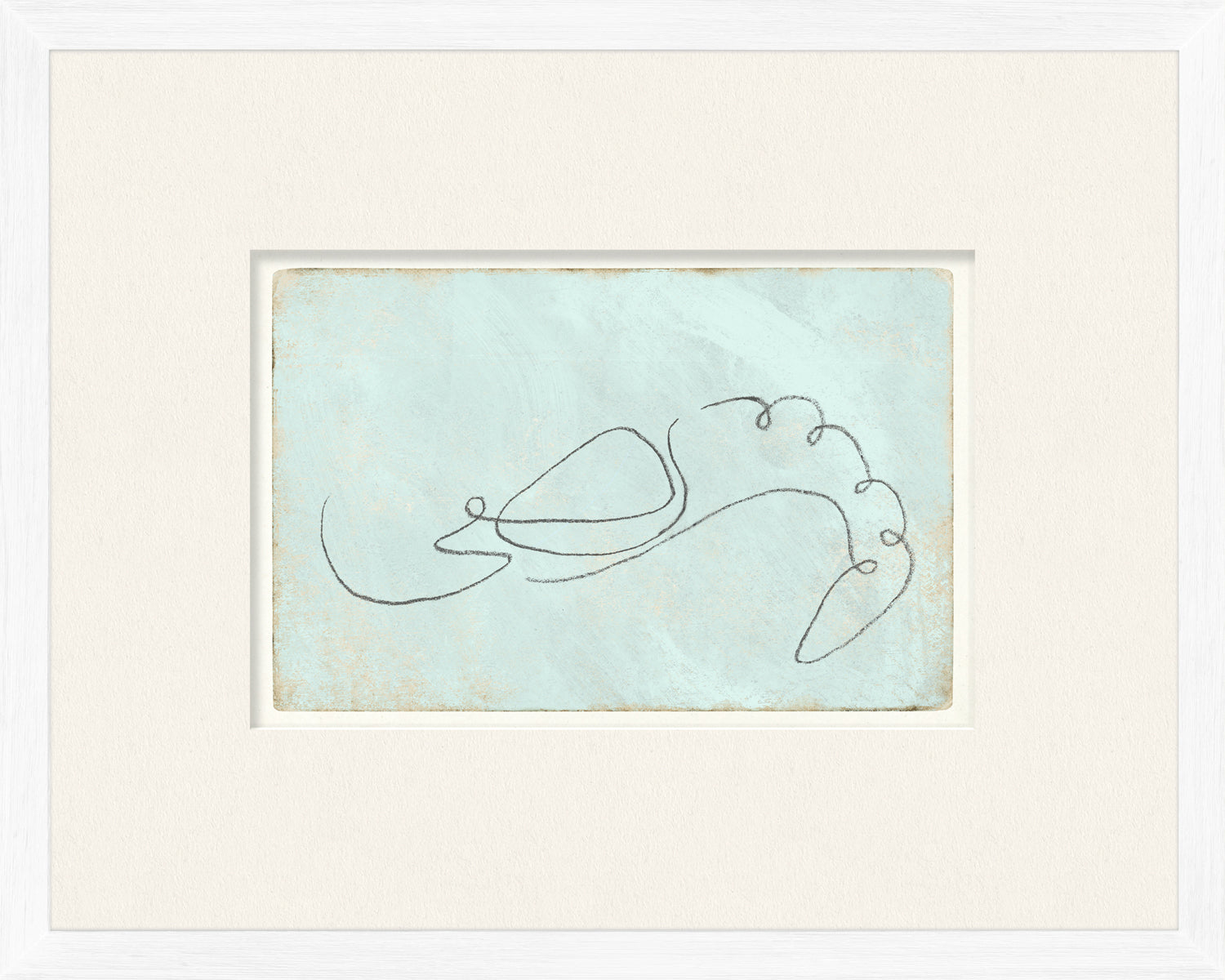 Aqua One Line – Shrimp wall art featuring a minimalist shrimp outline on a light blue background.