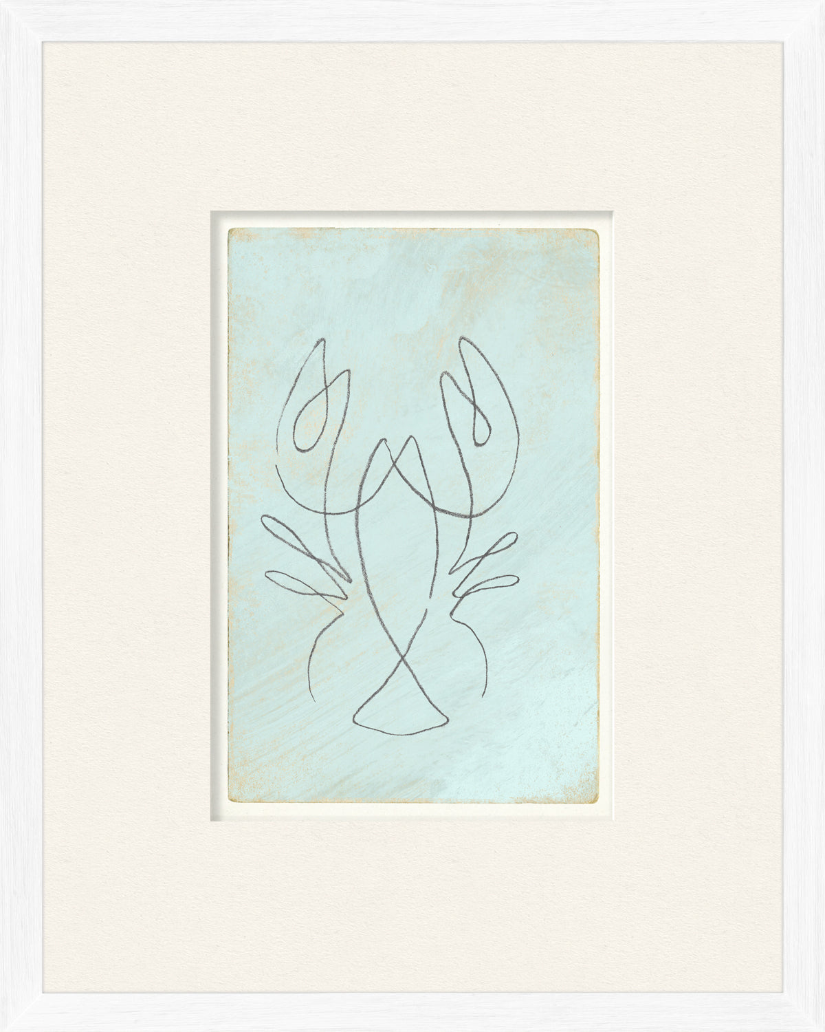Aqua One Line – Lobster wall art featuring a minimalist lobster outline on a light blue background.