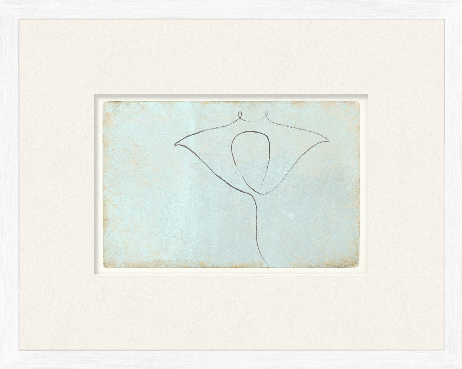 Aqua One Line – Ray wall art featuring a minimalist outline of a ray on a textured light blue background.