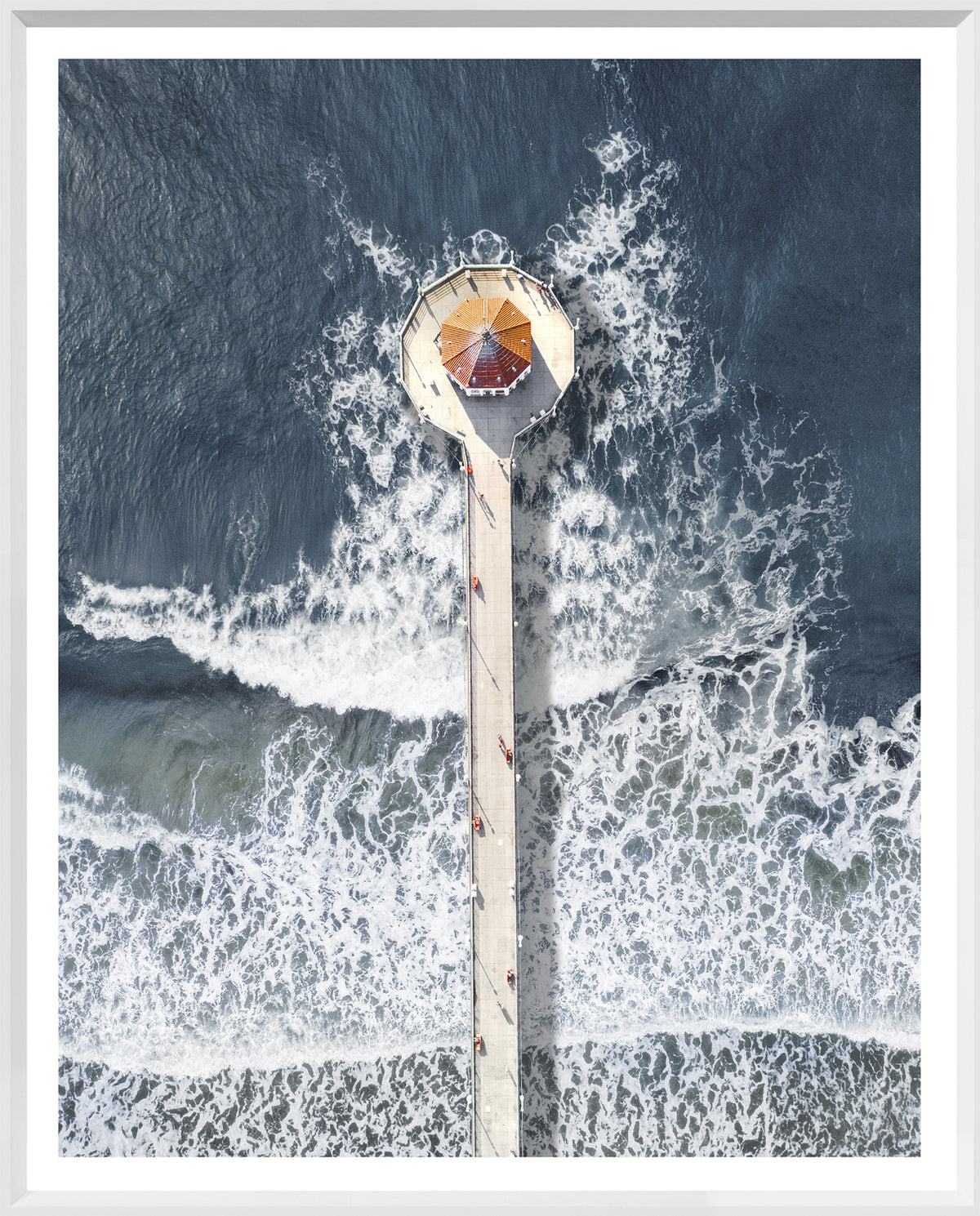 Manhattan Beach Pier wall art featuring an aerial view of the pier and ocean waves.