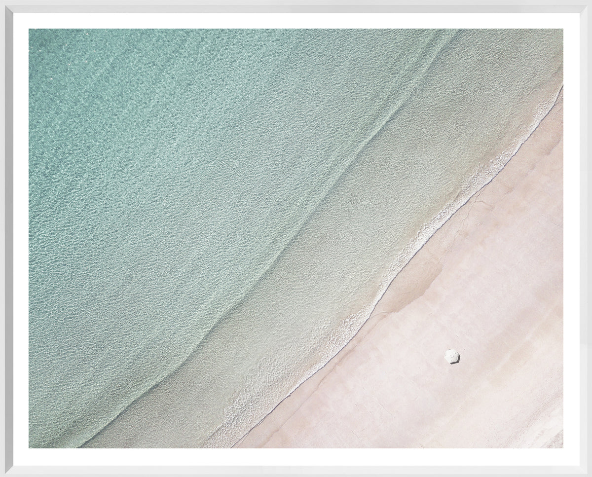 Lofoten Beach wall art featuring a serene aerial view of turquoise water and sandy shore.