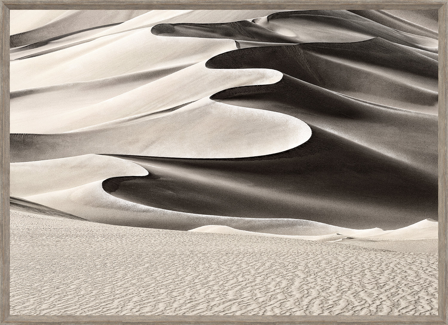 High Desert Dune wall art featuring abstract sand dune patterns in black and white.