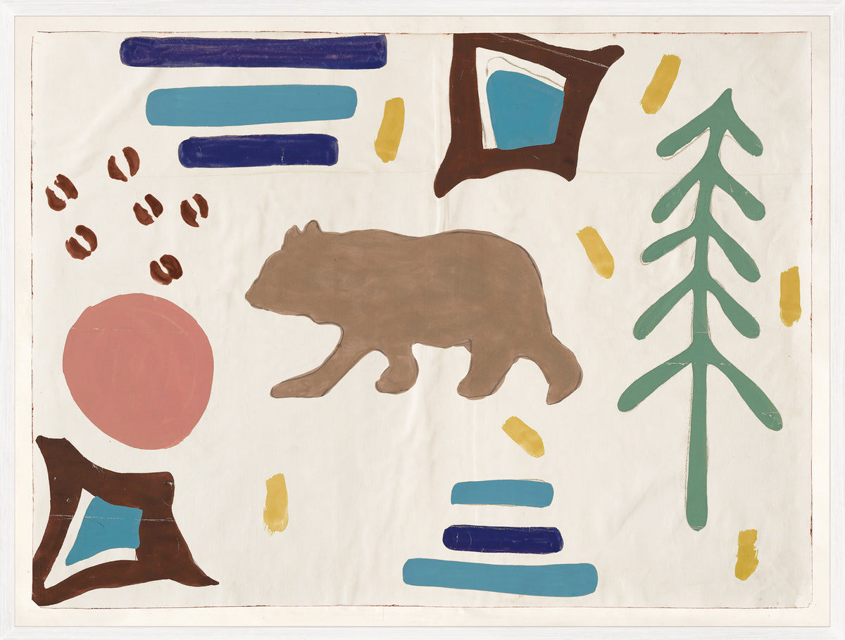Cottage Design – Bear wall art featuring a brown bear, colorful shapes, and a tree on a cream background.