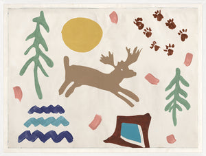 Cottage Design – Elk wall art featuring a brown elk, trees, and colorful shapes on a light background.
