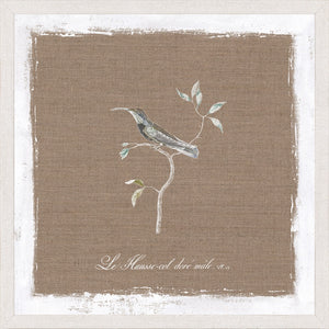 Oiseau Sur Lin I wall art featuring a bird perched on a branch against a textured brown background.