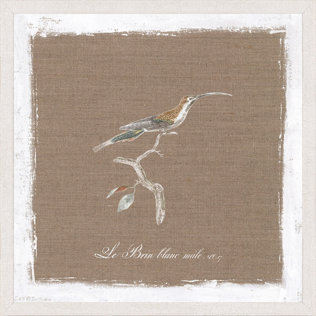 Oiseau Sur Lin II wall art featuring a bird perched on a branch against a brown linen background.