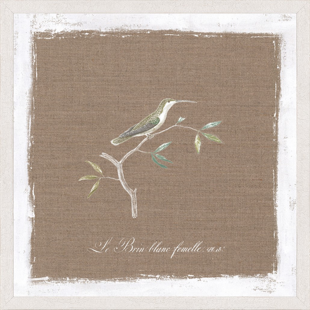 Oiseau Sur Lin III wall art featuring a bird perched on a branch against a brown linen background.