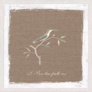 Oiseau Sur Lin III wall art featuring a bird perched on a branch against a brown linen background.