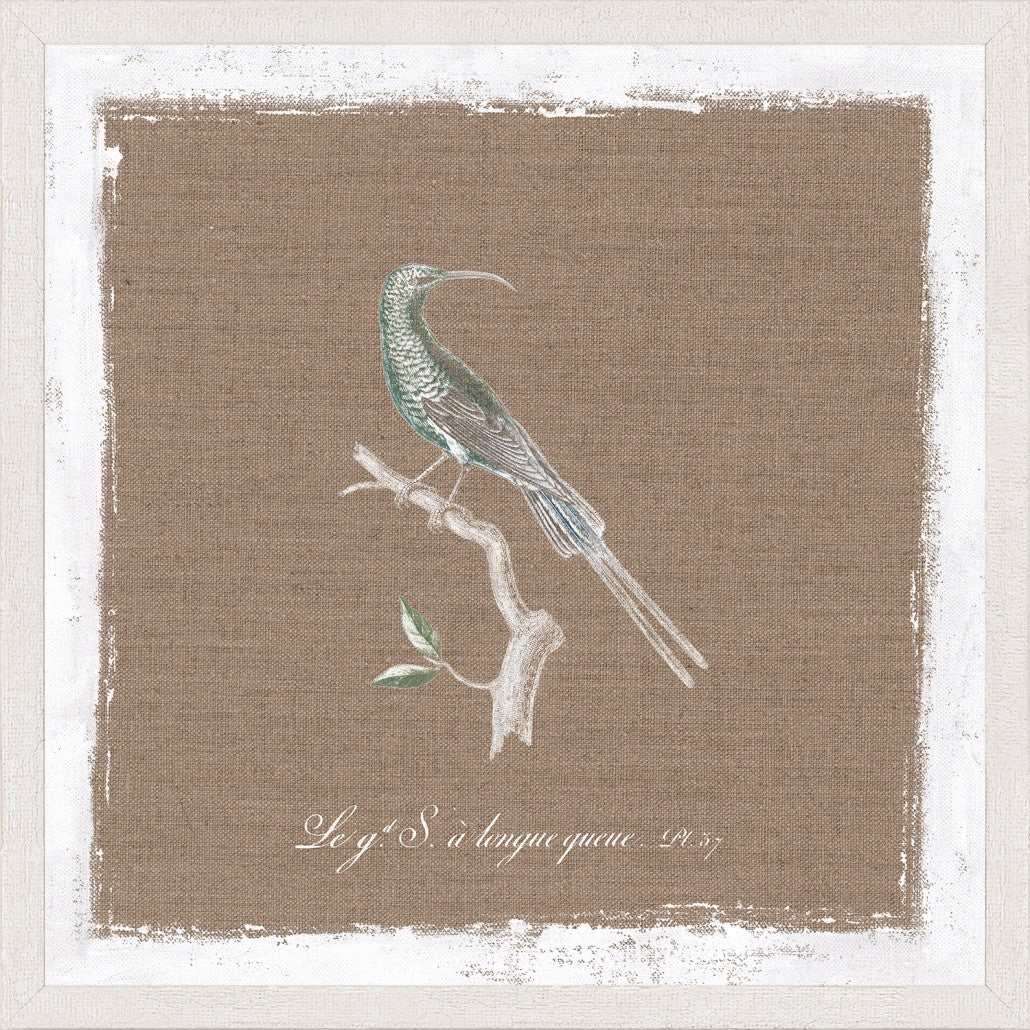 Oiseau Sur Lin IV wall art featuring a green bird perched on a branch against a brown linen background.