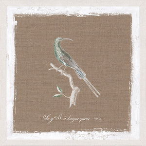 Oiseau Sur Lin IV wall art featuring a green bird perched on a branch against a brown linen background.