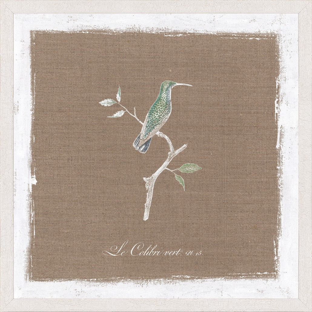 Oiseau Sur Lin V wall art featuring a green hummingbird perched on a branch against a brown linen background.