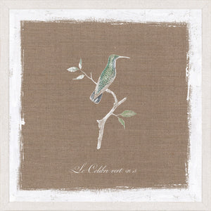 Oiseau Sur Lin V wall art featuring a green hummingbird perched on a branch against a brown linen background.