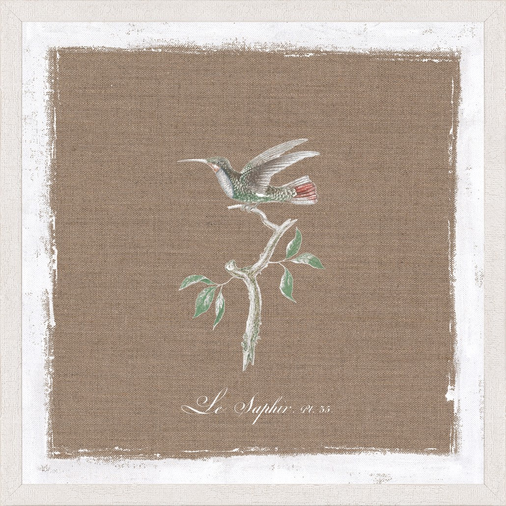 Oiseau Sur Lin VI wall art featuring a colorful bird perched on a branch against a textured brown background.