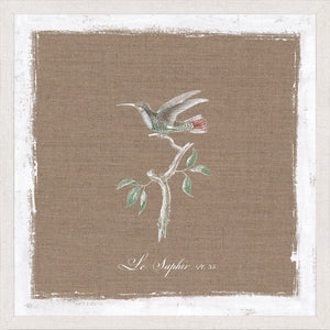 Oiseau Sur Lin VI wall art featuring a colorful bird perched on a branch against a textured brown background.