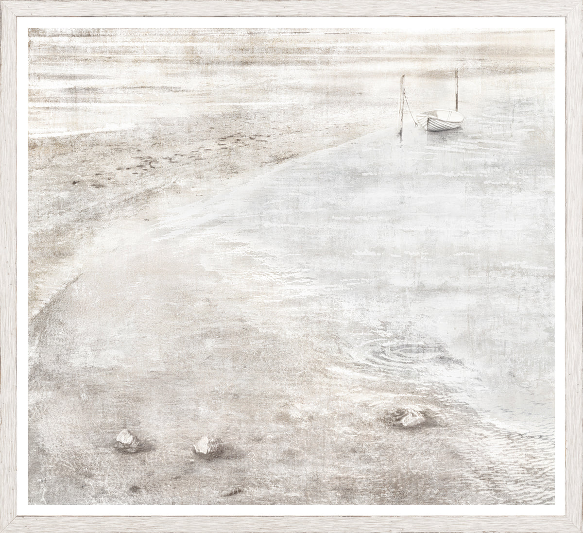 Little White Boat wall art featuring a serene beach scene with a small boat on calm waters, in muted tones.