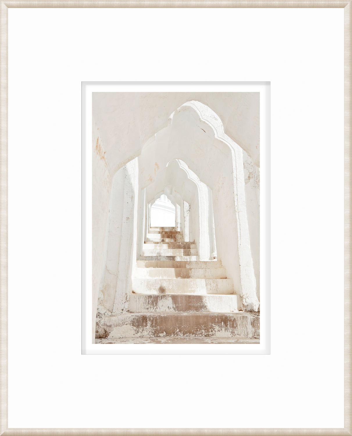 Masonry – White Pagoda, Myanmar wall art featuring white arches and stairs.