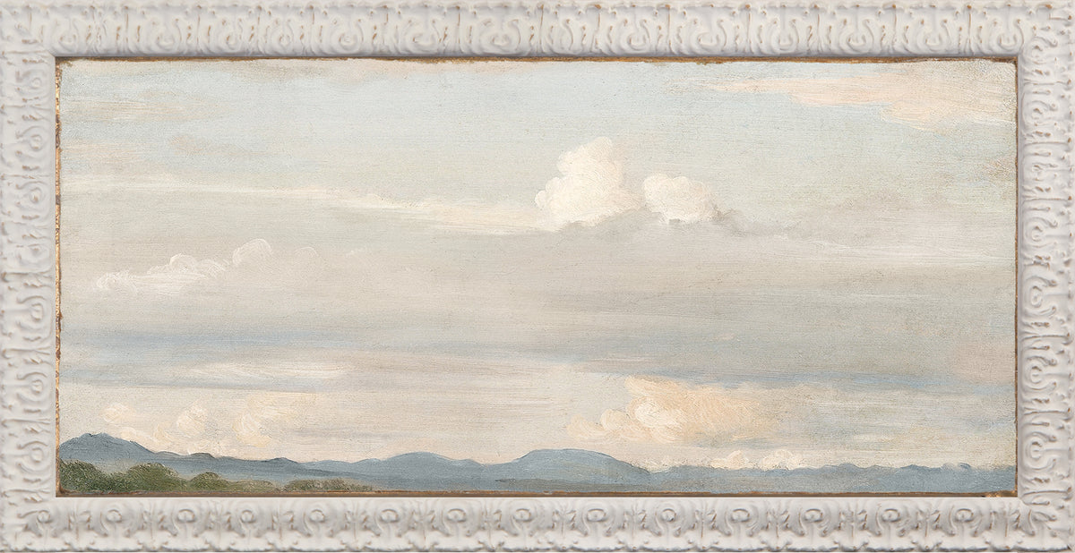 Petite Scapes – Cloud Study with Distant Mountains, soft clouds and mountains in muted colors, framed artwork