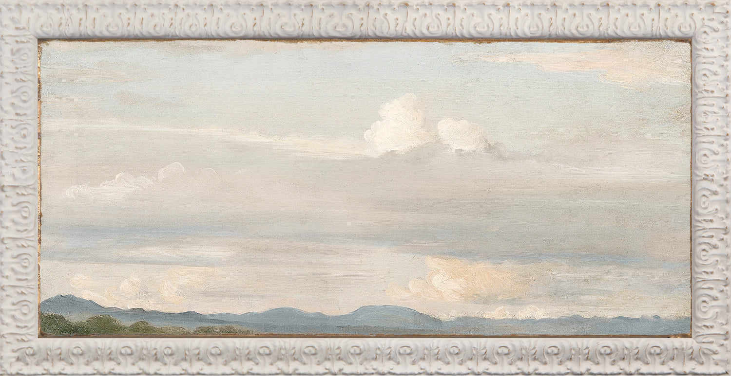 Petite Scapes – Cloud Study with Distant Mountains, soft clouds and mountains in muted colors, framed artwork